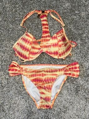PINK Victoria's Secret Orange and Pink Tie-Dye Halter Bikini